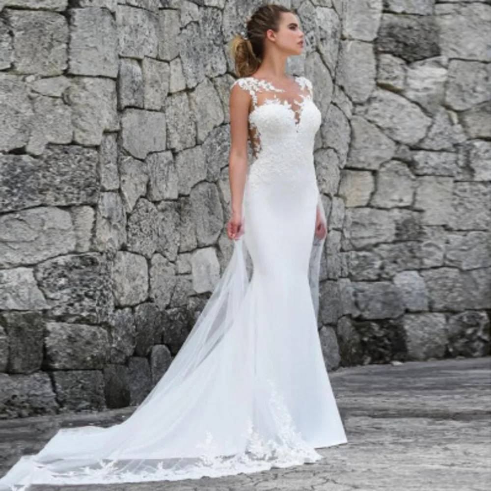 

Mermaid Dress 2021 Sexy See Through Back Sleeveless Lace Appliques Wedding Gowns For Bride With Train Vestidos De Noiva