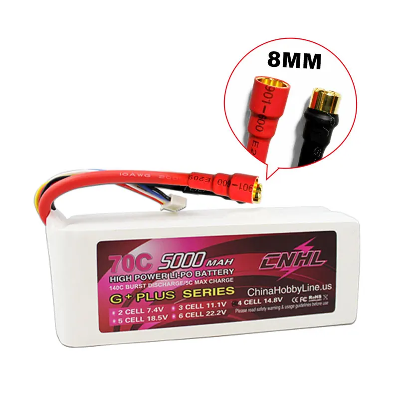

CNHL Lipo Battery 14.8V 4S 5000mAh 70C G+PLUS With 8.0mm Bullet Plug for RC Car Part Boat Drone Airplane Helicopter Speedrun