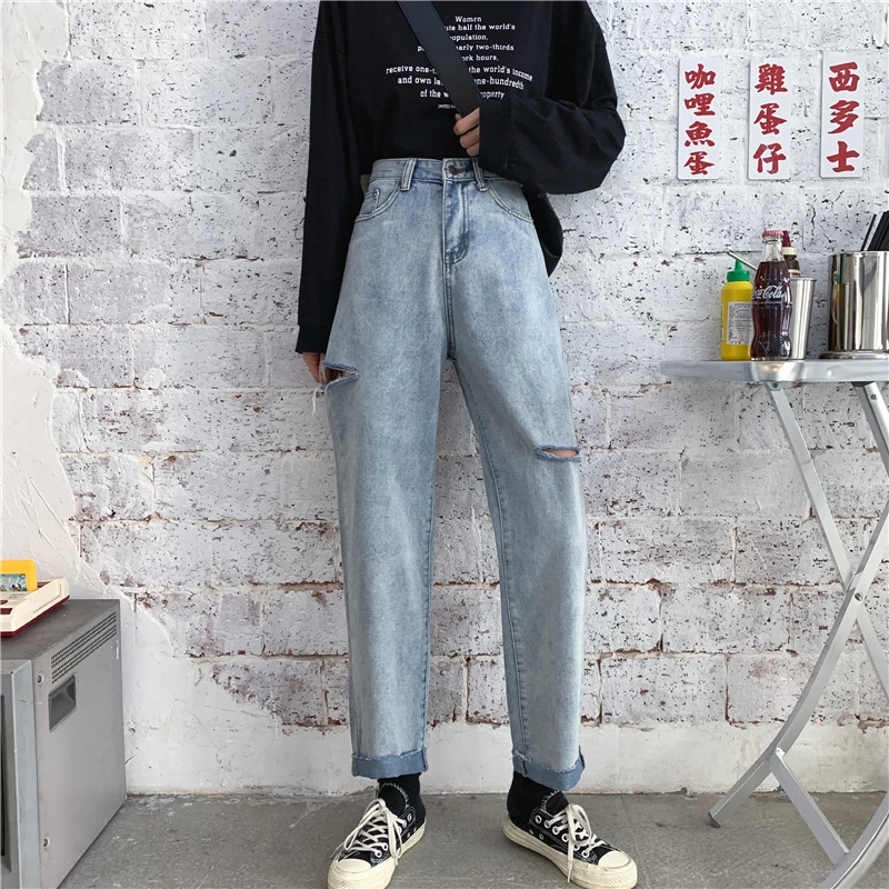 

Ripped Cropped Denim Women Spring and Summer 2020 New Large Size Loose Straight Wide Leg Raddish Dad Jeans Pants for
