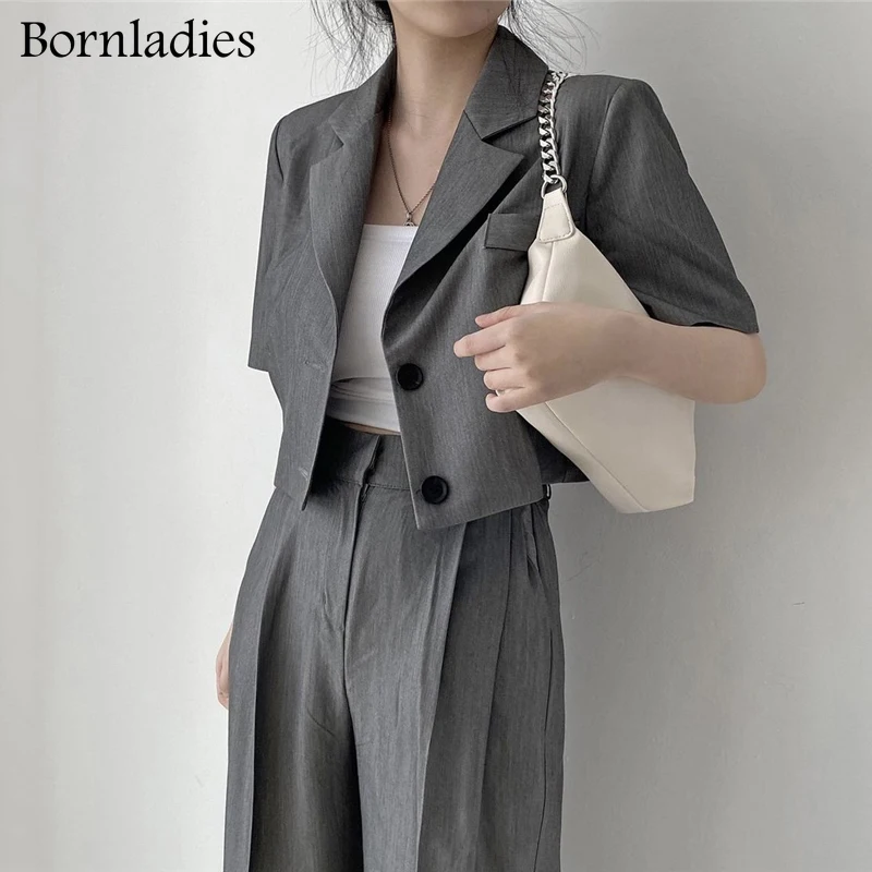 

Женский офисный костюм Bornladies, винтажный комплект из двух предметов, короткий Блейзер с длинным рукавом и расклешенные брюки с завышенной та...