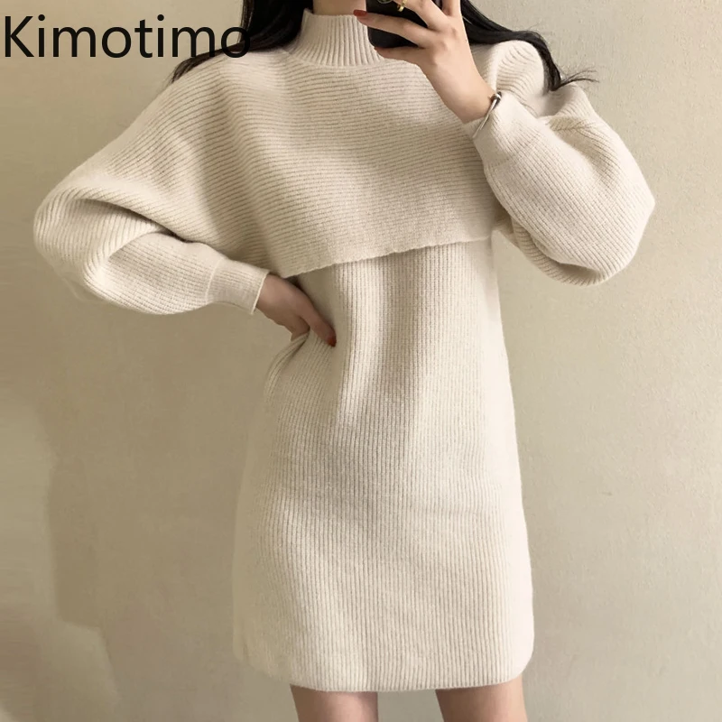 

Женский комплект из двух предметов Kimotimo, укороченный свитер с воротником-стойкой и рукавами-фонариками и вязаное мини-платье в Корейском ст...