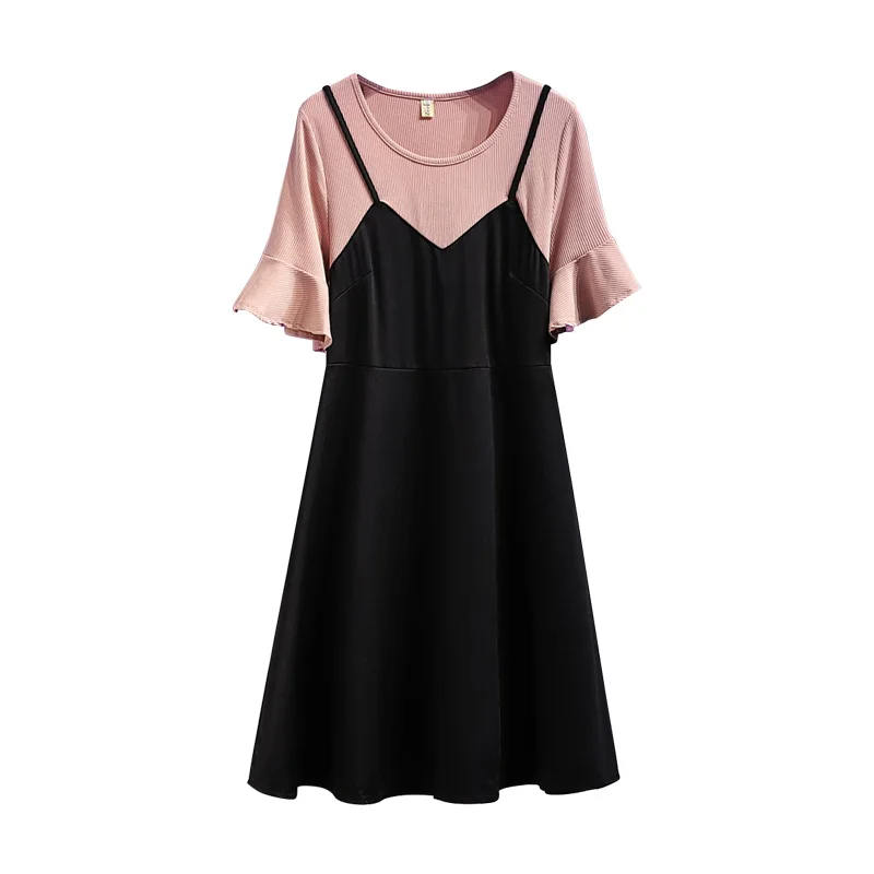 

Plus size women Summer dresses korean casual ruffles short sleeve fake two piece midi dress office ladies high waist A-line robe