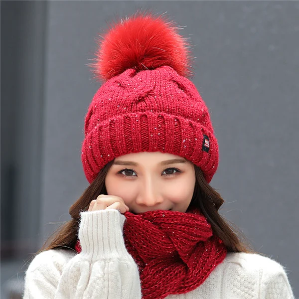 Red 1 set Женская зимняя шапка, лыжный бренд, большие Меховые помпоны, вязаные шапки, шарф, шапка, набор, зимняя женская шапка, теплая шапка Skullies, женская шапка - Цвет: Red 1 set