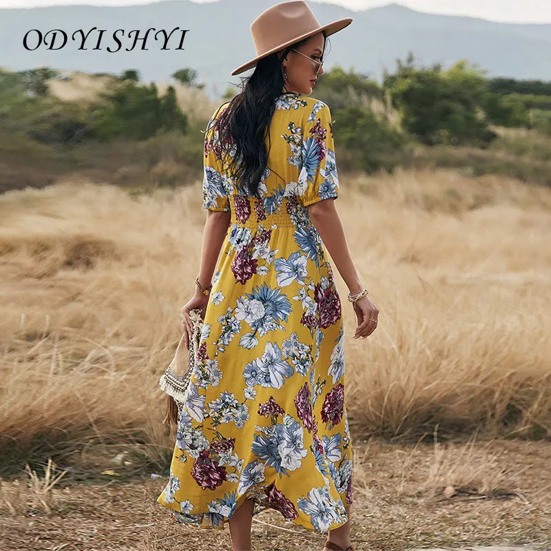 

New 2021 Summer Sexy Printed Dress Fashion Ladies V-neck Short Sleeve Maxi Dress Women Vestido XM04