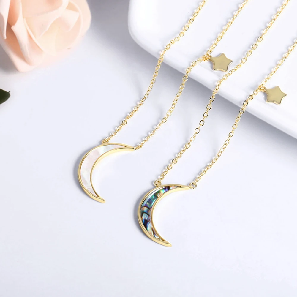 

Valentines Gift Natural Shell Abalone New Moon Metal Star Pendant Necklace