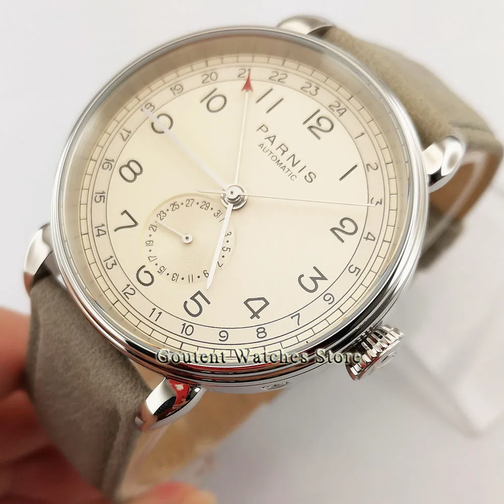 Новые мужские часы Parnis 42 мм GMT топовые брендовые механические серебристый футляр