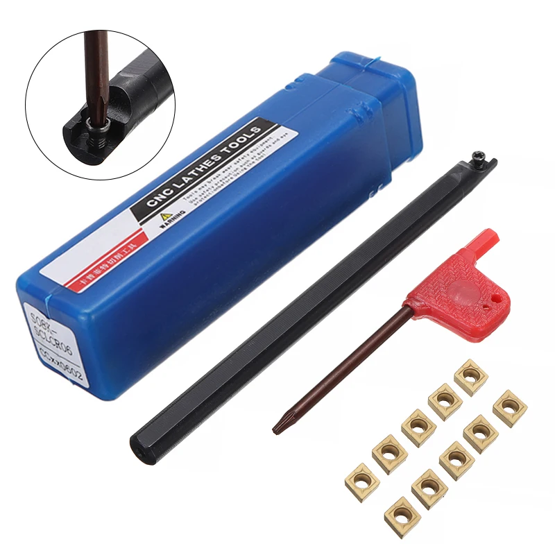 

10pcs CCMT060204-HM Blades Inserts + 1pc S08K-SCLCR06 Tool Holder Boring Bar For Lathe Turning Tool Machinery Parts