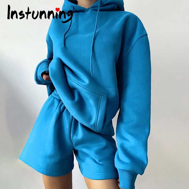 

Женский Повседневный комплект Instunning из двух предметов, однотонный Свитшот оверсайз с капюшоном, осенний комплект из пуловера из 2021 хлопка, ...