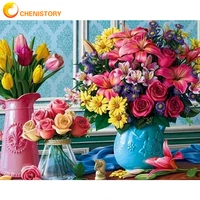 chenistory beautiful flowers diy paint by number kits on canvas oil painting by number with wooden frame for gift desktop still