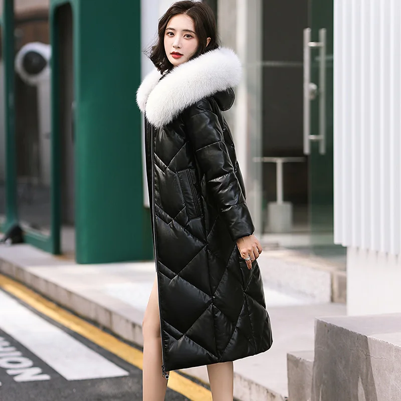 New Women Leather Overcoat Autumn Winter 2022 Fashion Real Fox Fur Collar Loose Long Sheepskin Down Jacket Leather Outerwear