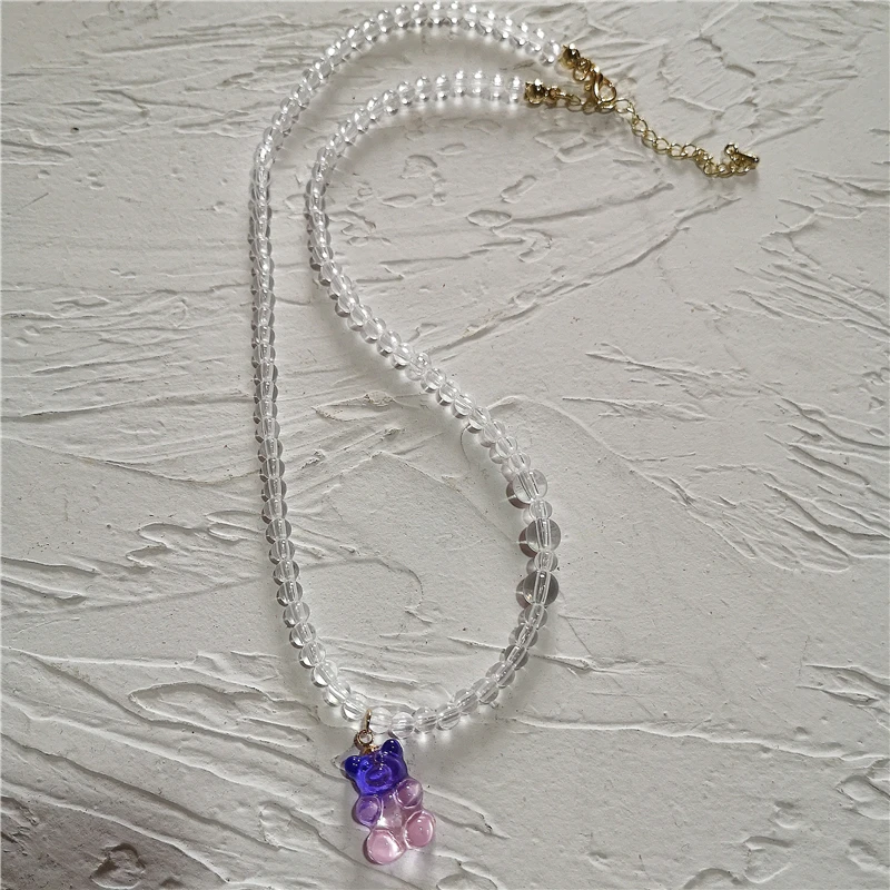 

2021 Korea Fashion Lovely Colorful Bear Acrylic Transparent Beaded Necklace For Woman Bff Summer Vacation Aesthetic Jewelry Gift