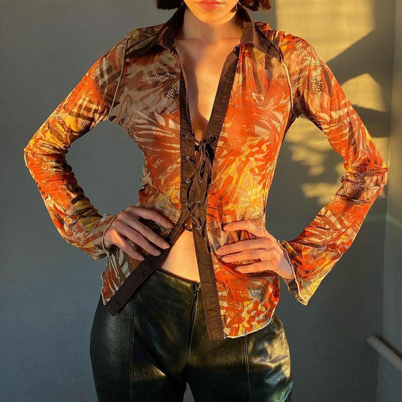 

Tie Dye Print Vintage Cardigan Shirts Women Cross Tie Up V Neck Grunge Clothes Contrast Color Long Sleeve Autumn Tops
