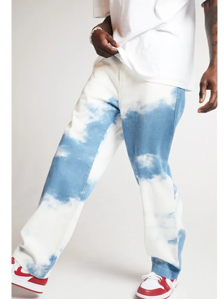 

2020 Mens Tie-dyed Denim Straight-fit Jean Pant Washed Comfort Stretch Chino Comfort Rise Relaxed Straight Leg Jeans for