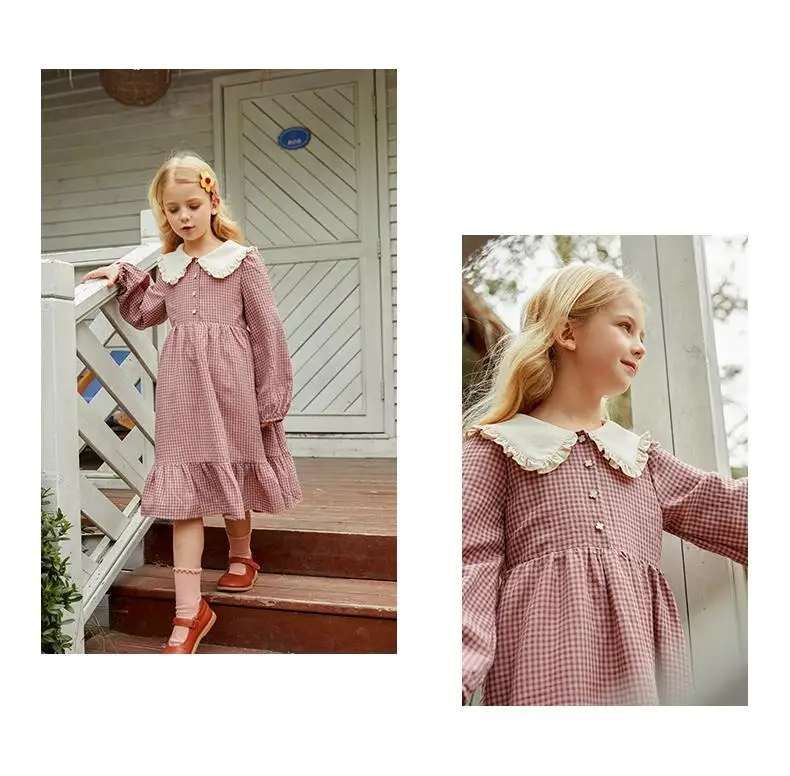 

Sweet Princess Dress For 5-14y Girl Peter Pan Collar Fashion Plaid Print Gowns Kids Wedding Party Dresses Children Clothing