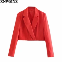 xnwmnz new women fashion red linen blend cropped blazer coat female sexy v neck long sleeve double breasted blazer top chic tops