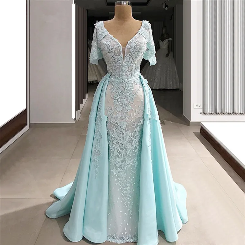 

Sky Blue Muslim Evening Dresses Mermaid Short Sleeves Appliques Lace Pearls Dubai Saudi Arabic Long Formal Evening Gown