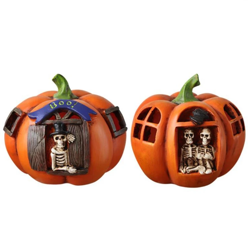 

2Pcs Resin Pumpkin Skull Skeleton Lantern Ornaments Halloween Figurines with LED Lights Lamp Haunted House Decoration