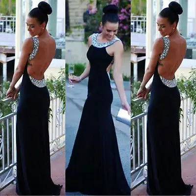 

Elegant Women Sleeveless Black Sequin Sexy Backless Formal Party Long Gown Maxi Dress