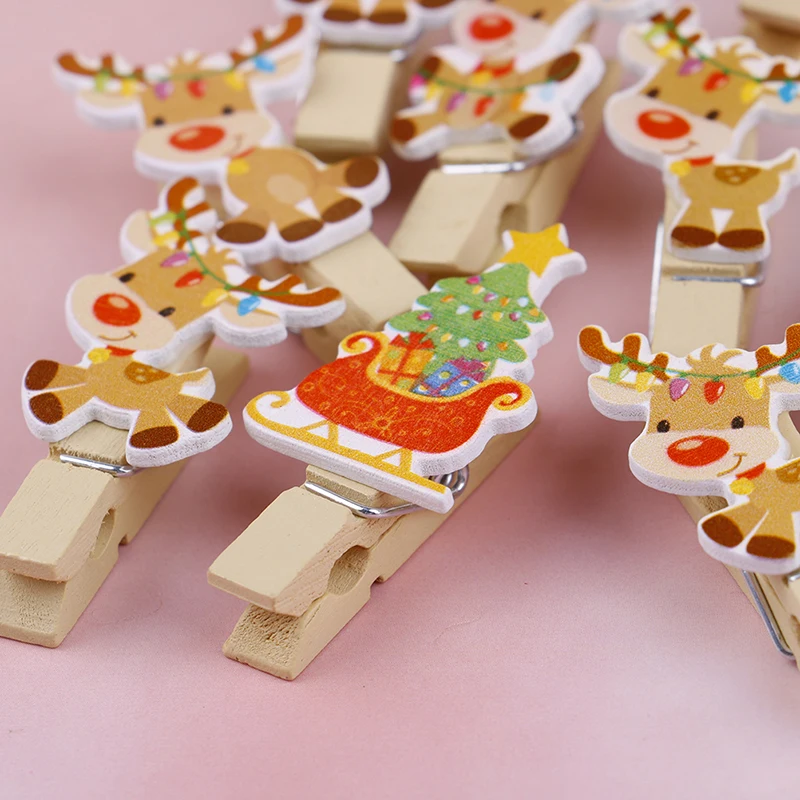 

10Pcs Christmas Tree Elk Wooden Clip Photo Paper Postcard Craft DIY Clips