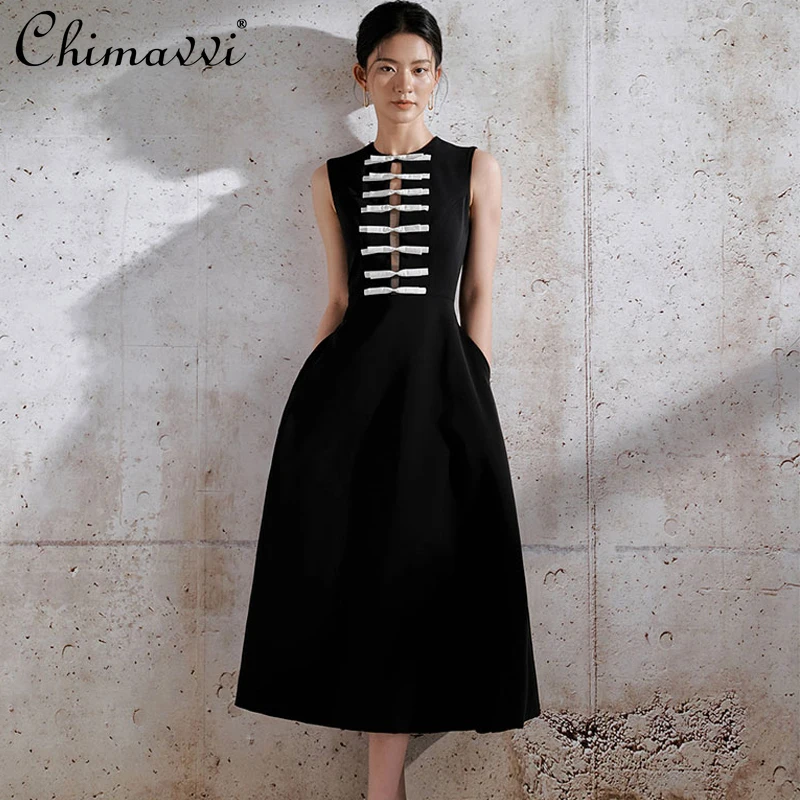 

High Street Slimming Fashion Women Bowknot Hollow Sleeveless Round Neck Dress Waist Slimming Black Dress