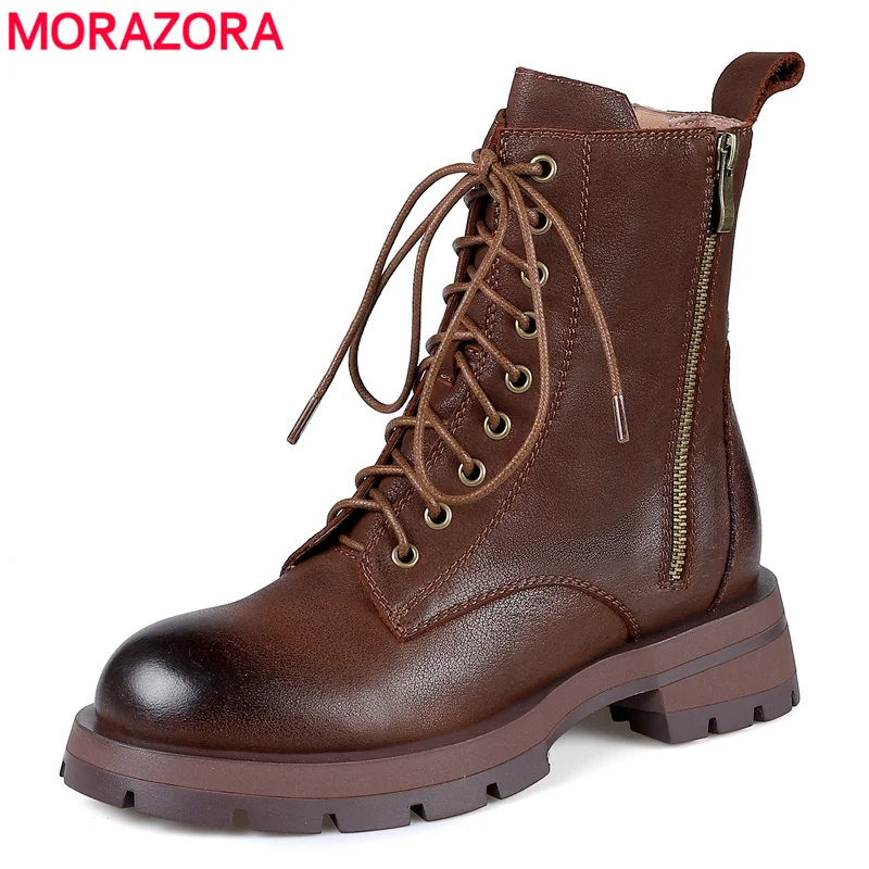 

Женские ботильоны на шнуровке MORAZORA, черные или коричневые ботильоны из натуральной кожи на квадратном каблуке, осенне-зимний сезон 2022