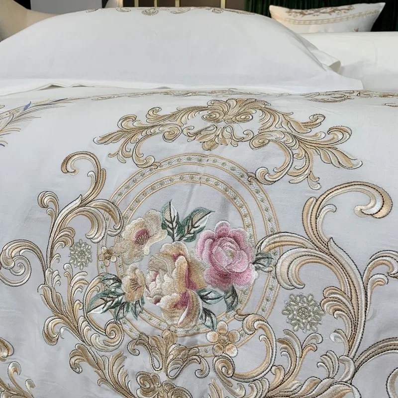 

Vintage Chic Mod Embroidery Bedding White Grey Brushed Cotton Soft Duvet Cover Set Bed Sheet Pillowcases Queen King size 4Pcs