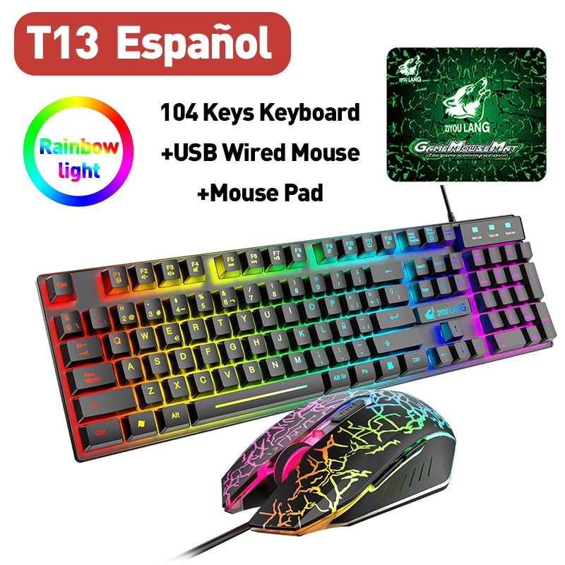 

T13 Spanish Gaming Keyboard+Mouse+Pad Set 104 Keys RGB USB Wired Gamer Keyboard 6 Key 2400 DPI USB Wired Mouse Pad For PC Laptop