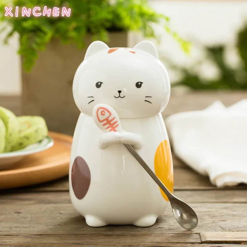 

XINCHEN 400ml Cute Cat Ceramics Coffee Mug With Spoon Creative Hand Painted Drinkware Milk Tea Cups Novelty Gifts