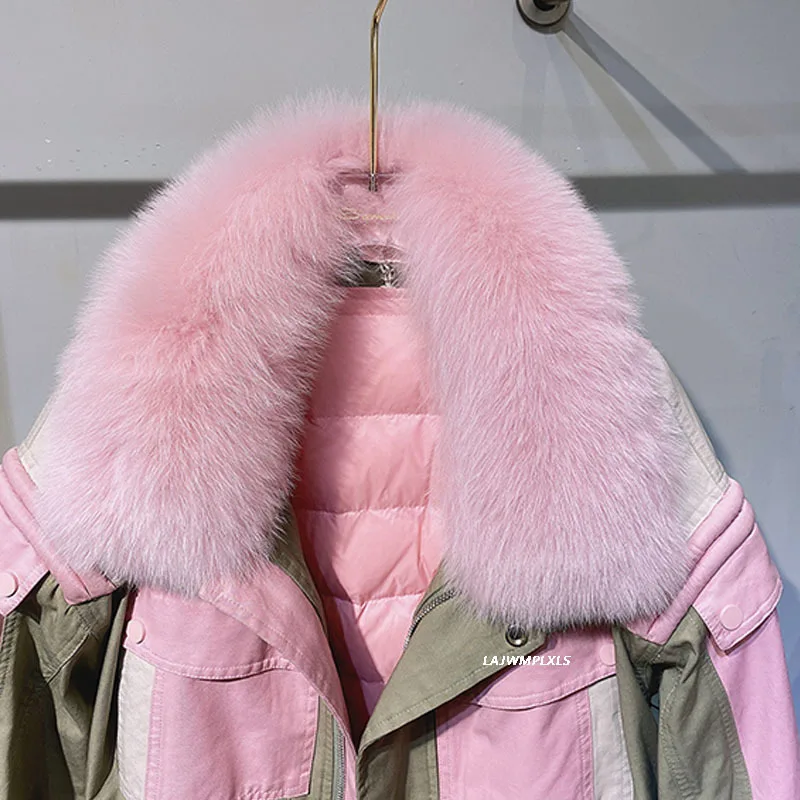 

High quality 2021 New Winter natural fox fur collar down jacket women's detachable liner hit color waist windbreaker jacket