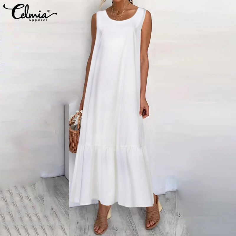 

Celmia 2022 Summer Women Sundress Vintage Ruffled Long Maxi Dress Casual Solid Sexy Loose Sleeveless Party Beach Robe Vestidos