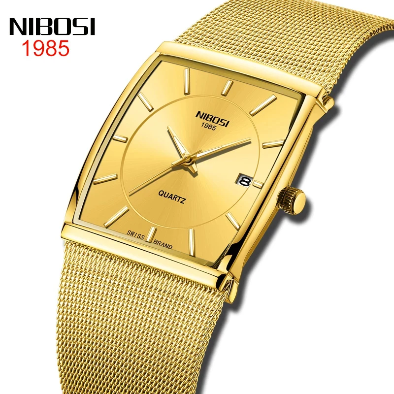 NIBOSI Brand Mens Watches Quartz Watch Fashion Luxury Gold Stainless Steel Mesh Strap Waterproof Luminous Calendar Watch 2338
