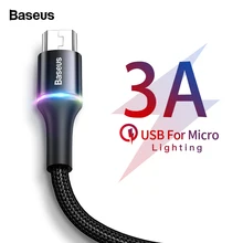 Baseus светодиодный кабель Micro USB, 3 А, быстрая зарядка, Кабель Microusb для samsung, Xiaomi, Android, провод для мобильного телефона, 3 м