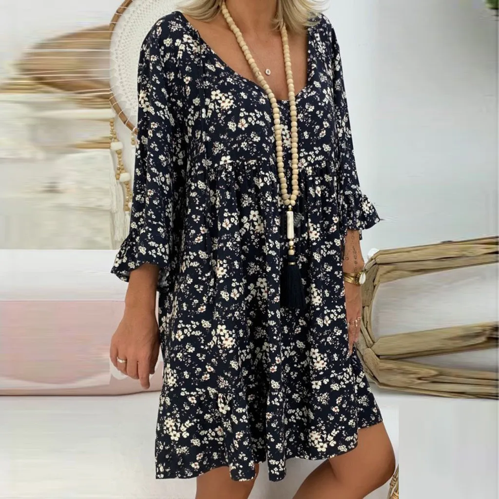 BK С длинным рукавом на лето свободное платье тонкий Boho Пляжные наряды Для женщин Туника Повседневное галстук-бабочка с v-образным вырезом платье миди с цветочным принтом размера плюс 5XL - Цвет: BK