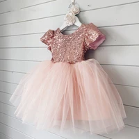 cute puffy baby girls dresses puffy tulle sequins top princess birthday party gown with big satin bow lovely kids dresses