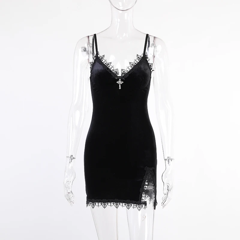 

Spaghetti Strap High Waist Dress Gothic Black Lolita Punk Slit A-line Dress Retro Goth Party Club Dress Women