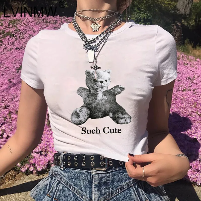 LVINMW повседневные белые топы с круглым вырезом и коротким рукавом принтом медведя