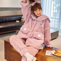 winter pajamas plush pajama set women sleepwear mink wool hooded loose version medium style sherpa nightgown coral fleece