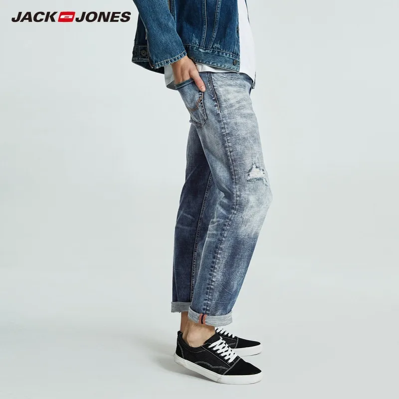 JackJones осенние мужские хлопковые Стрейчевые рваные зауженные джинсы укороченные