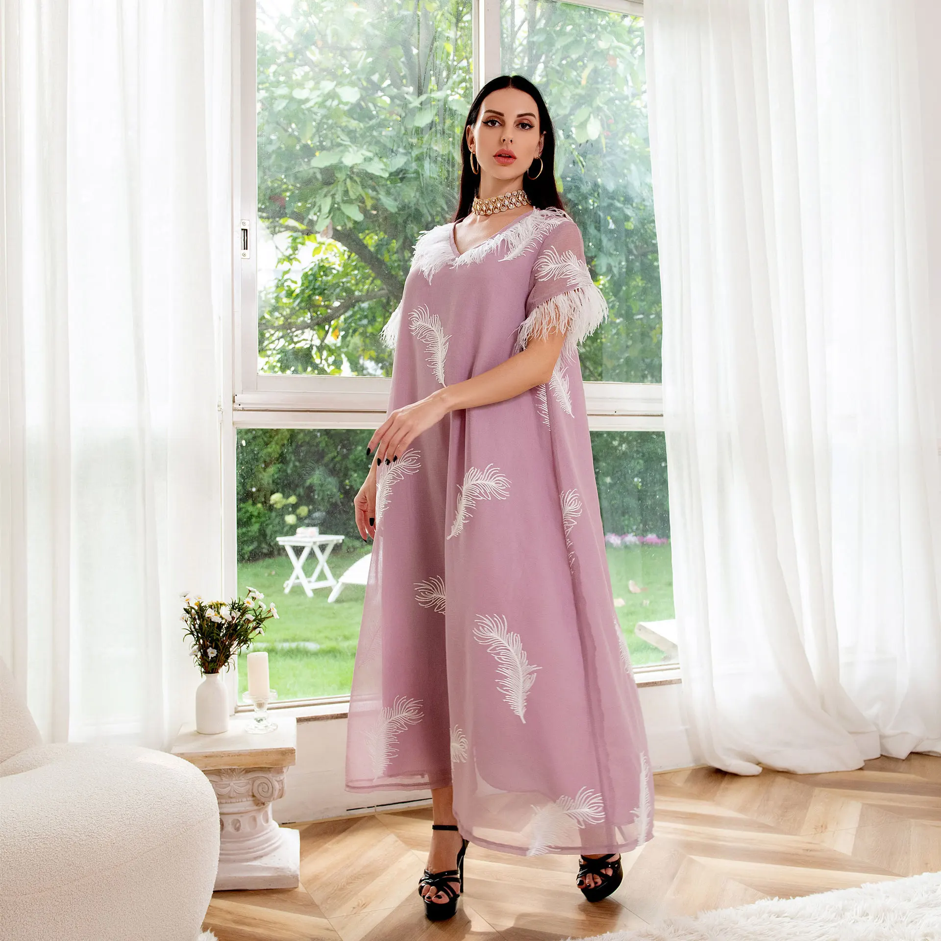 Wepbel Caftan Robe Mesh Dress Islamic Clothing Fashion Ladies Muslim Dress Abaya V-neck Feather Embroidered Middle East Abaya