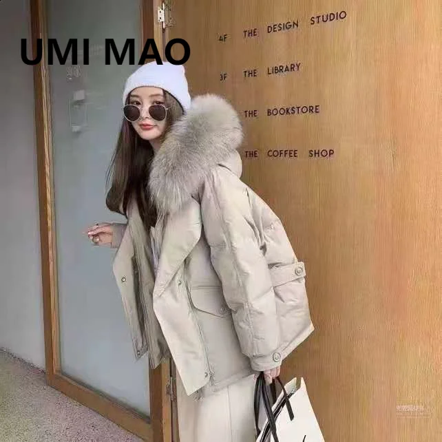

UMI MAO Korean Fashion White Duck Jacket Down Short 2021 New Winter Large Fur Collar Loose Tooling Parker Women's Y2K