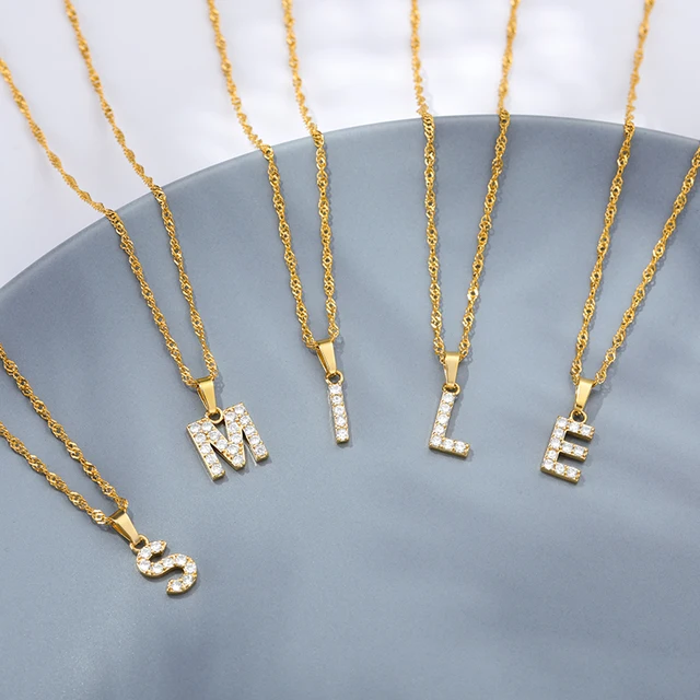 Exquisite Zircon Letters Initial Necklace For Women Men Water Wave Chain A-Z Alphabet Pendant Necklace Couple Jewelry Gifts 4