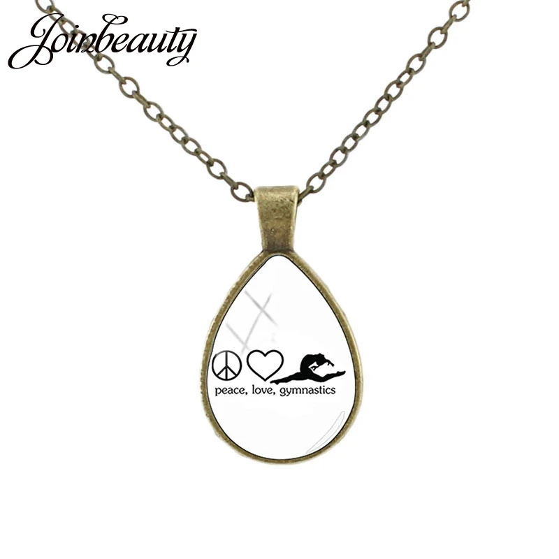 Ожерелье JOINBEAUTY New Peace Love Gymnastics с художественным узором и стеклянным подвеском в форме слезы. Ювелирное изделие для любителей спорта и клуба Гимнастики. Подарок SP106.