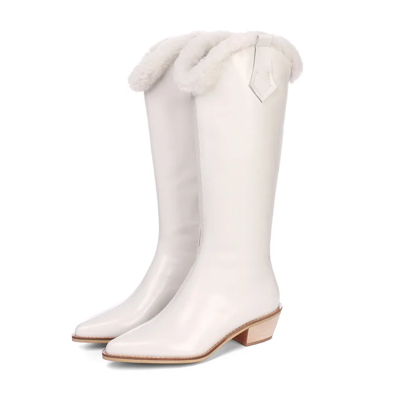 

New Fashion White Genuine Leather V-pointed Western Cowboy Boots Women Thick-heeled Knight Boots Plus Velvet High Mid-calf Boots
