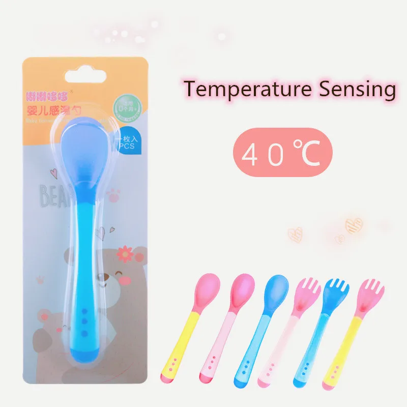 Silicon Temperature Sensing Spoon &amp Fork for Baby Safety Infant Feeding Tools Kids Children Toddler Flatwares Individual Package | Мать и