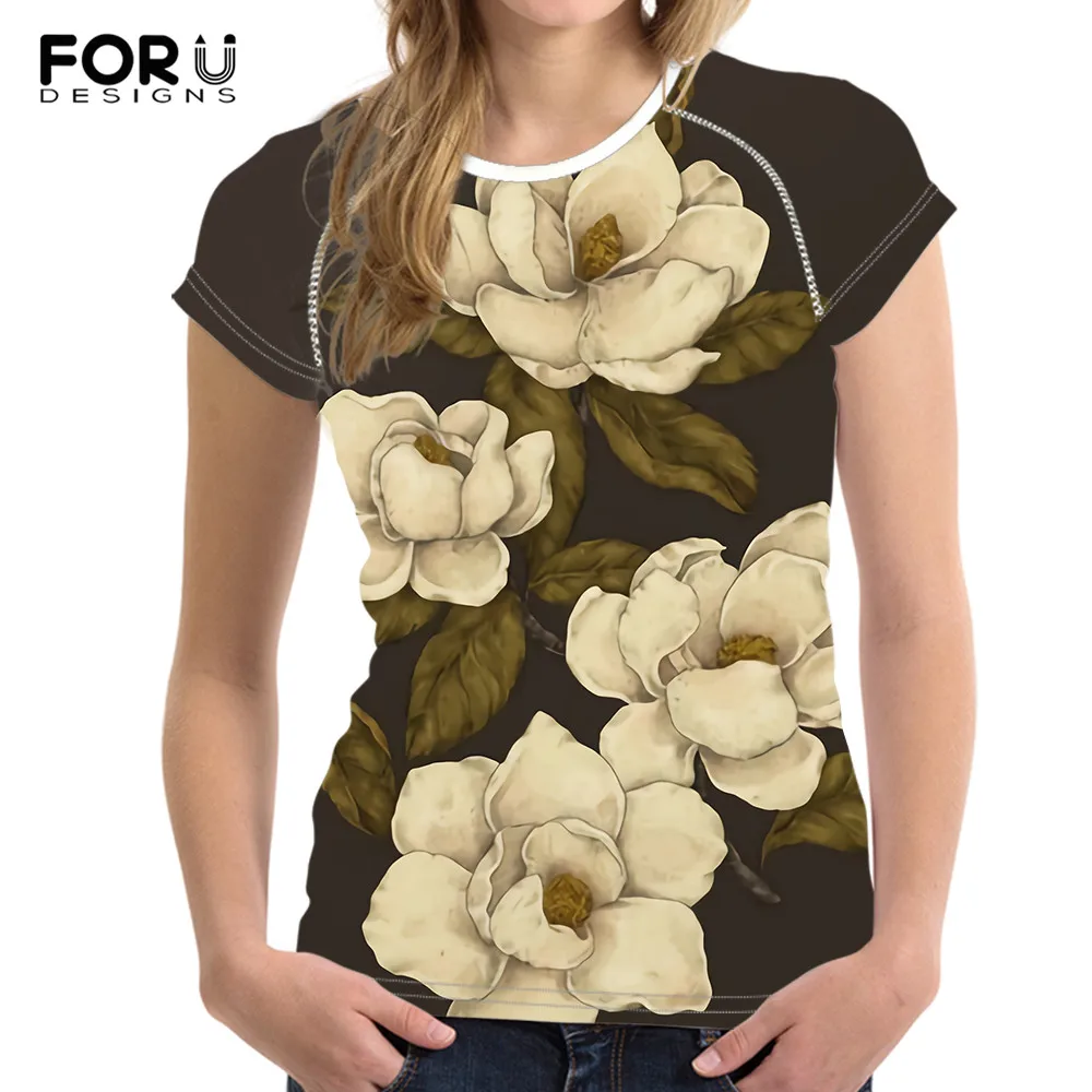 

Женские винтажные Топы FORUDESIGNS, летние футболки с принтом Magnolias Vyo, женские облегающие футболки с круглым вырезом и коротким рукавом, женская ...