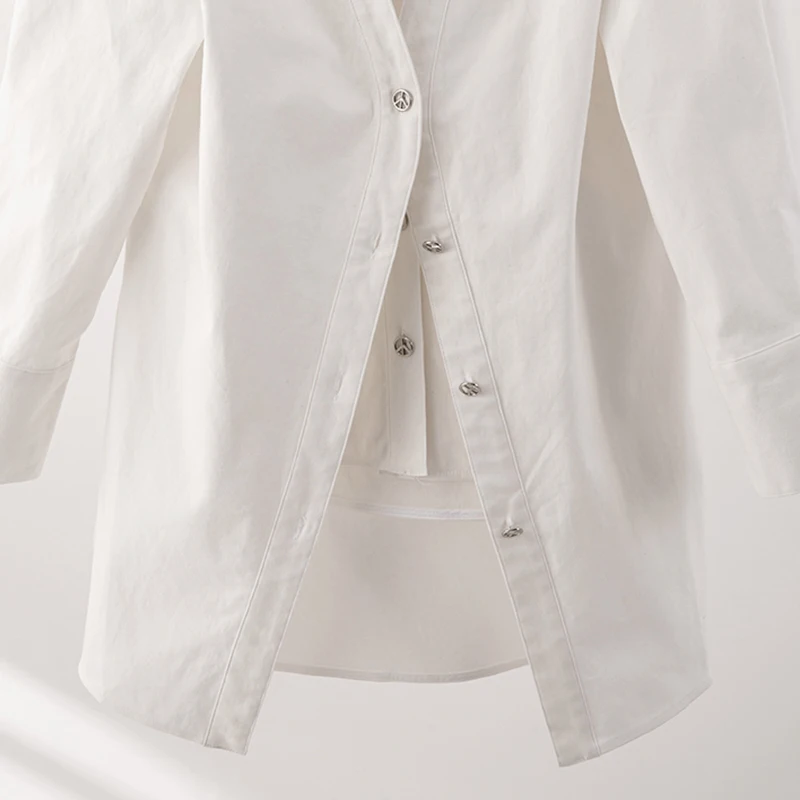 

blanca [EAM]-blusa larga de doble capa para mujer, camisa holgada de manga larga con solapa nueva, a la moda, para primavera y
