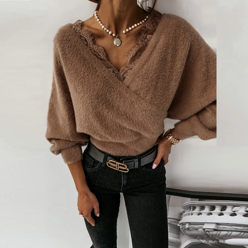 

Ladies Pullover Deep V-neck Solid Color Long Sleeve Cross V-Neck Sweater Sexy Lace Plush Top Ladies Loose Short Sweaters