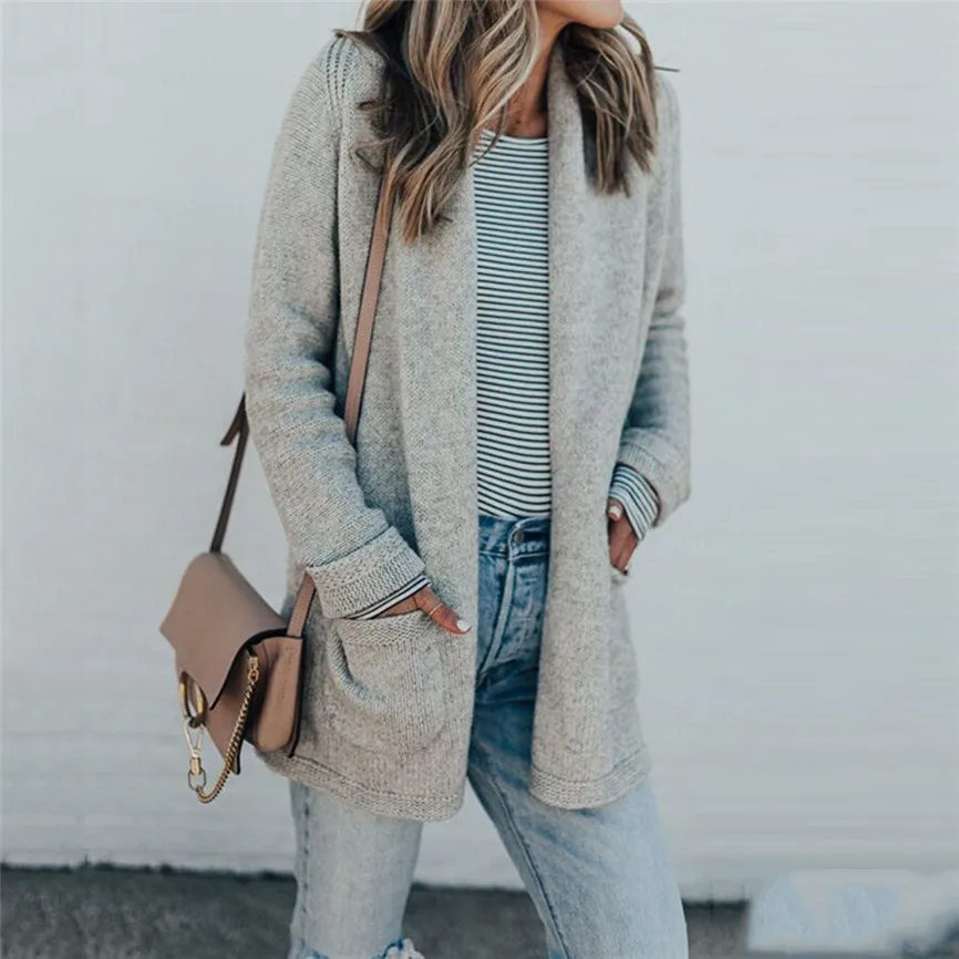 Женский кардиган осень 2019 свитер Повседневный длинный рукав карман Однотонный