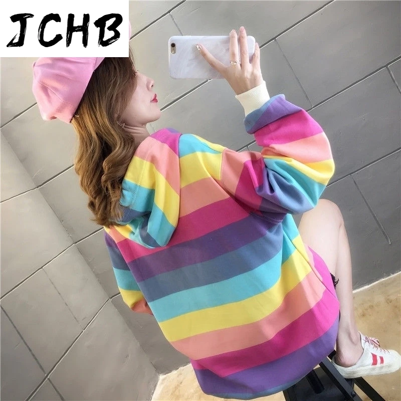 

Rainbow Casual Stripe Hoodies Women Sweatshirt 2021 Autumn Loose Pullovers Sweet Girls Fashion Hooded Long Sleeve Colour Hoodies