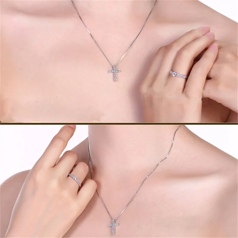 

Fashion Luxury 100% Original 925 Solid Silver Wedding Necklace For Women Cross Zirconia Diamond Pendant Necklace